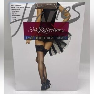 Hanes Silk Reflections‎ Lace Top Thigh High Sheer Toe Jet Black Sz EF New In Pkg